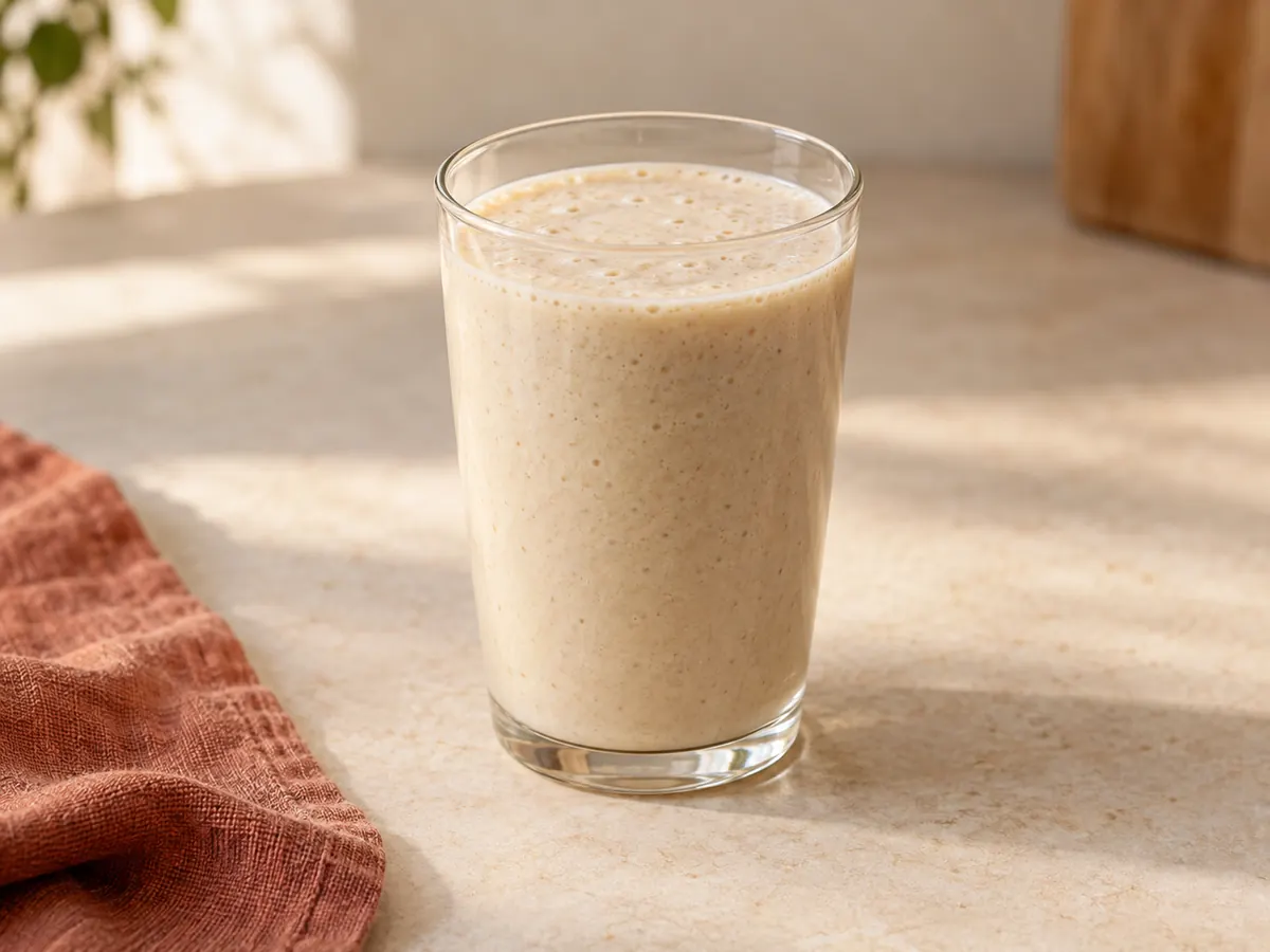 Banana and oat whey smoothie in a clear glass — AI-generated serving illustration