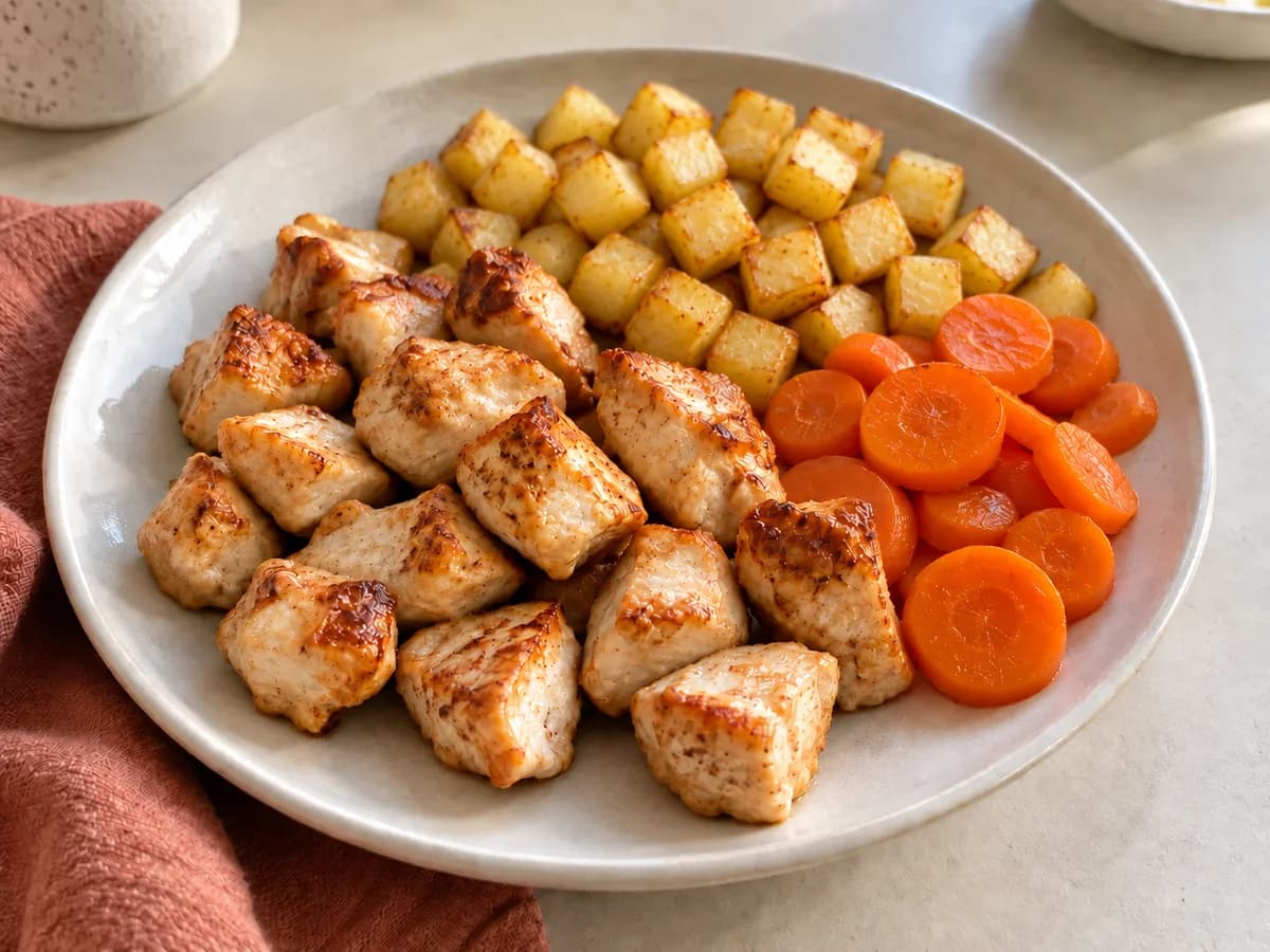 Chicken, potatoes & carrots — AI-generated serving illustration