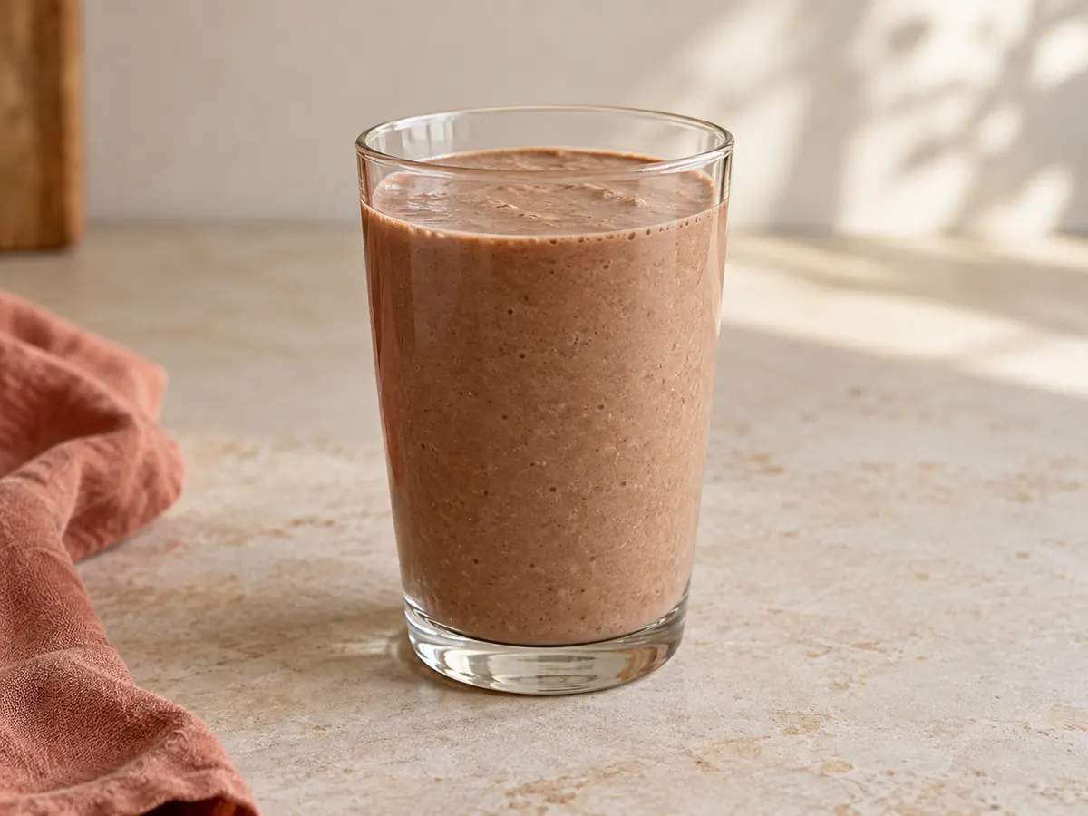 Chocolate and banana whey smoothie in a clear glass — AI-generated serving illustration