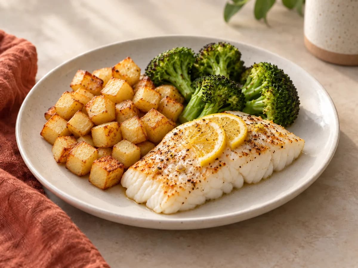 Lemon cod & crispy potatoes — AI-generated serving illustration