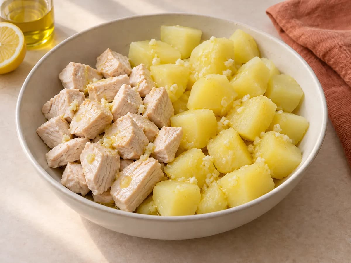 Cold chicken and potatoes with lemon dressing — AI-generated serving illustration