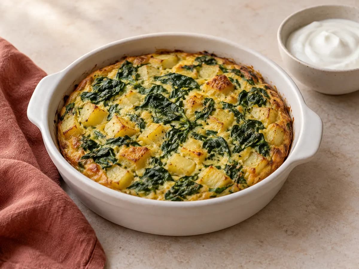 Egg, potato and spinach bake — AI-generated serving illustration