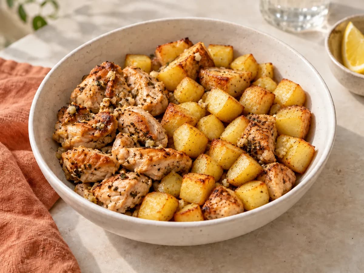 Garlic chicken & potato lunch bowl — AI-generated serving illustration