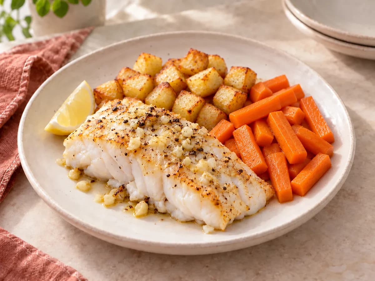Garlic haddock & carrots — AI-generated serving illustration