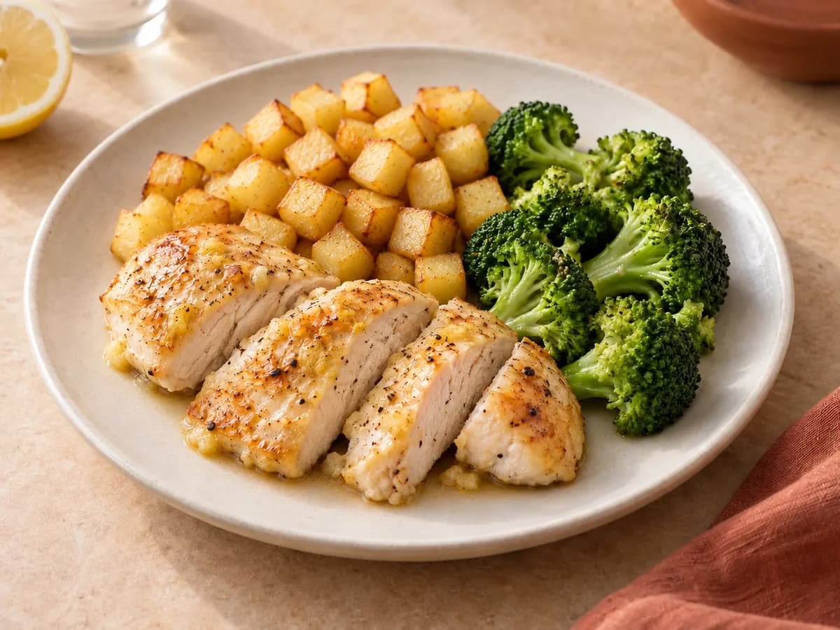 Lemon chicken, potatoes & broccoli — AI-generated serving illustration