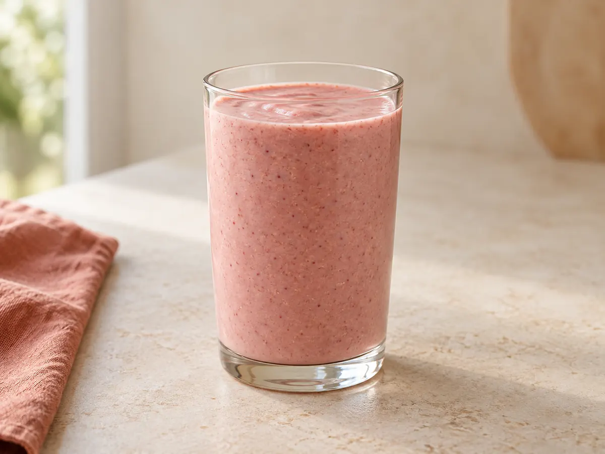 Strawberry and banana whey smoothie in a clear glass — AI-generated serving illustration