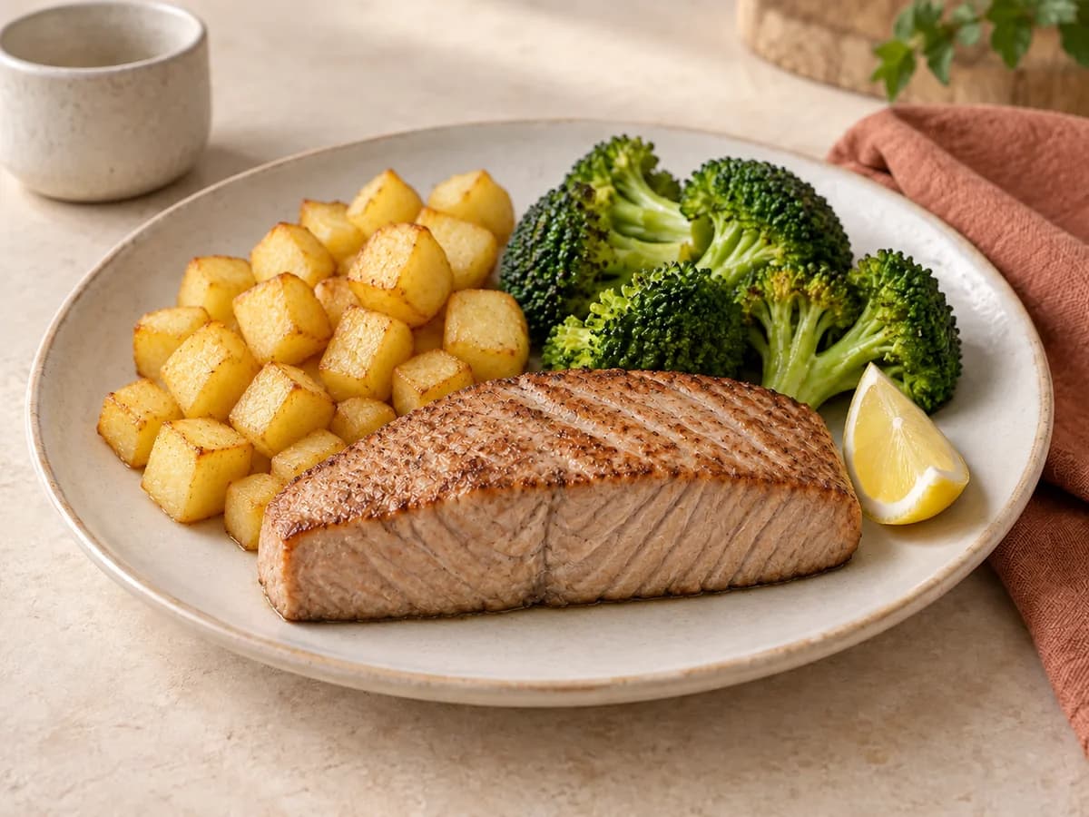 Tuna steak, potatoes & broccoli — AI-generated serving illustration