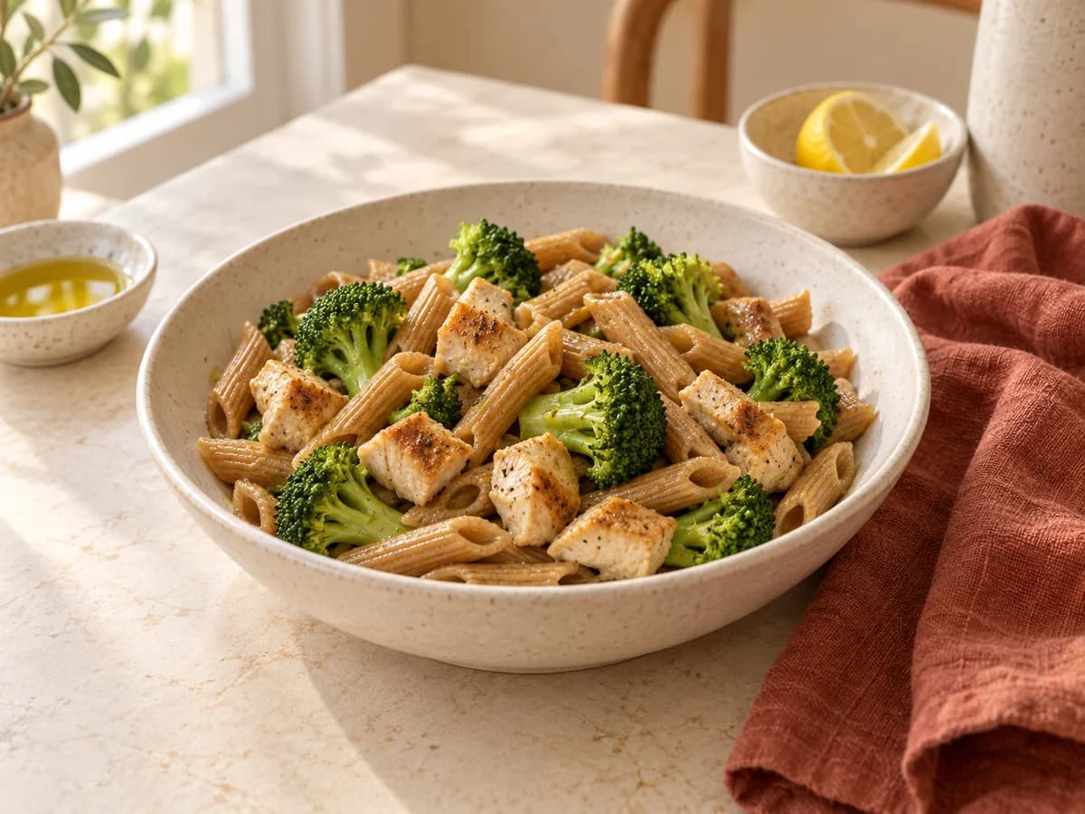 Wholewheat lemon chicken & broccoli pasta — AI-generated serving illustration