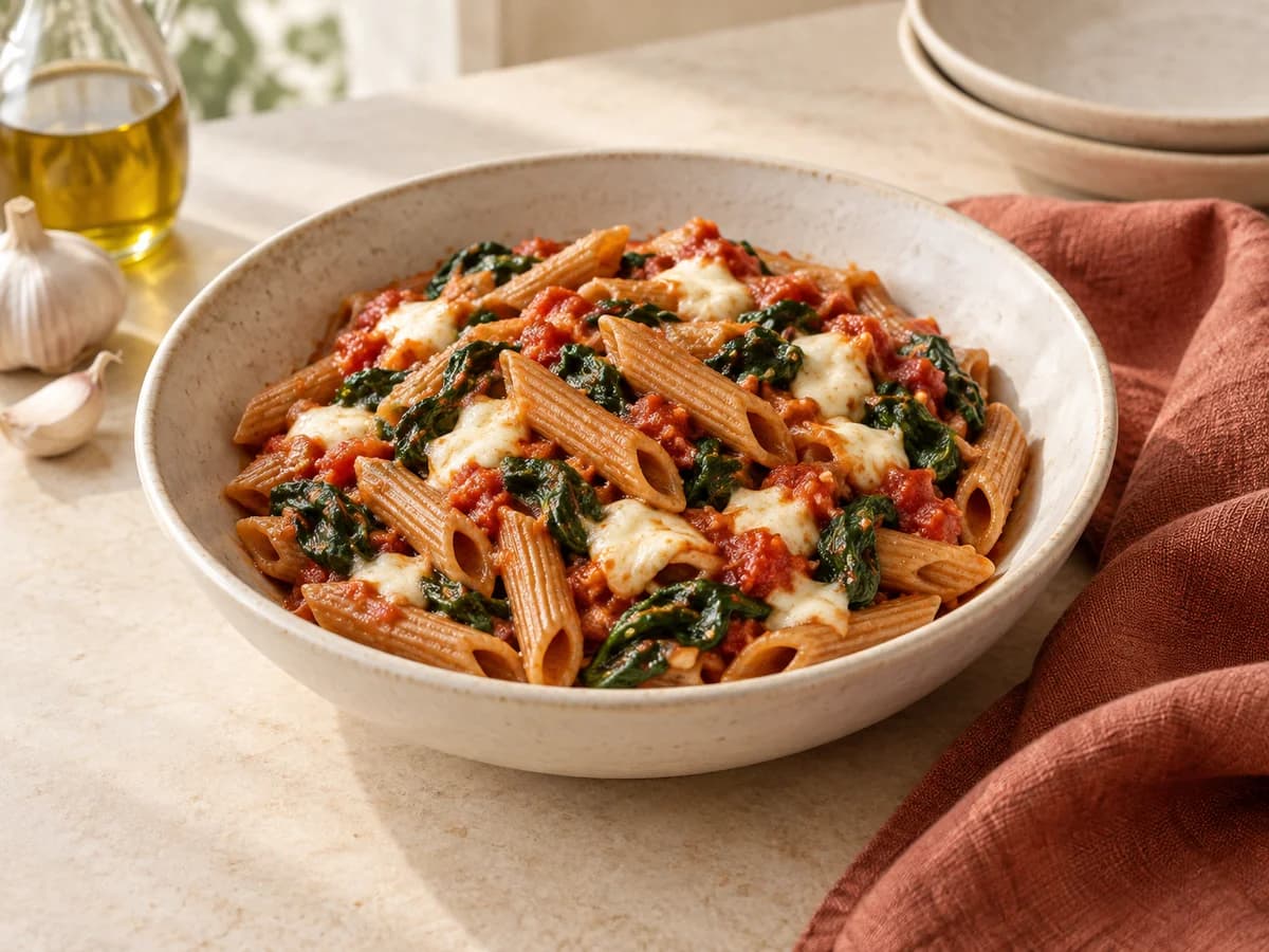 Wholewheat mozzarella & spinach pasta — AI-generated serving illustration