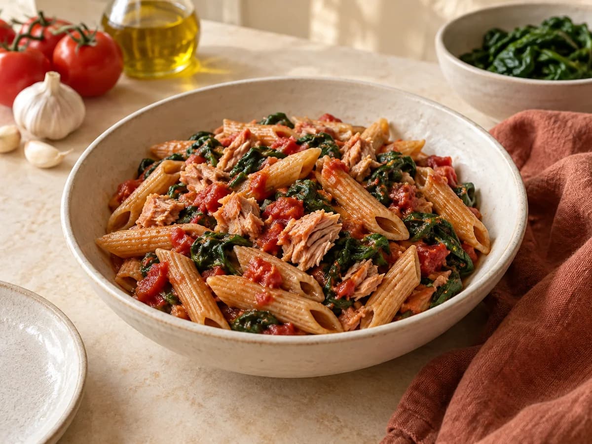 Wholewheat tuna, tomato & spinach pasta — AI-generated serving illustration